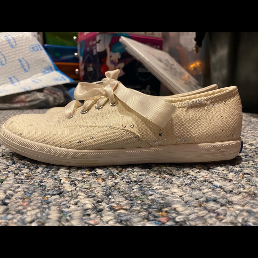 Kate spade keds. Size 6. White canvas with silver glitter sparkle
